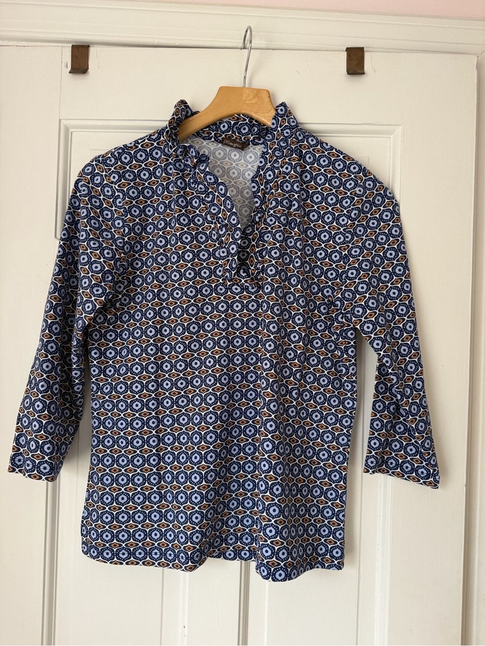 J. McLaughlin Durham Ruffle Top Catalina Cloth Navy Geometric 3/4 Sleeve Size L